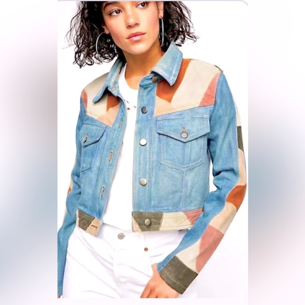 Free People Dallas Suede Denim
Jacket Patchwork Western Button Up 
Size XS